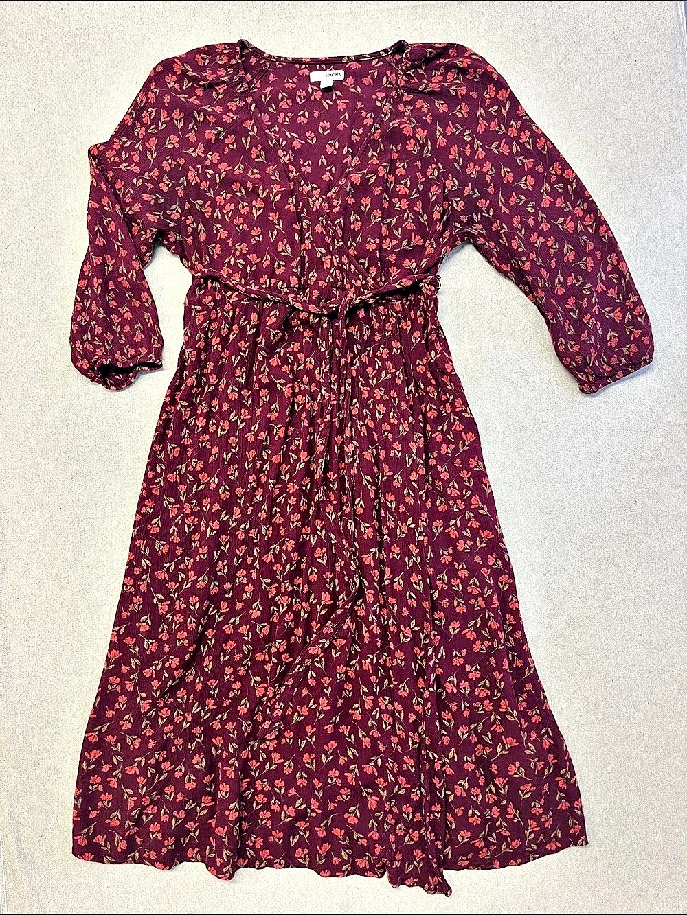 Sonoma Maternity L Burgundy Floral Wrap Midi Dress Boho Fall